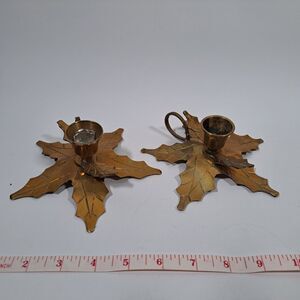 Vintage Brass Poinsettia Holly Leaf Taper Candle Holders Finger Ring Rare Unique